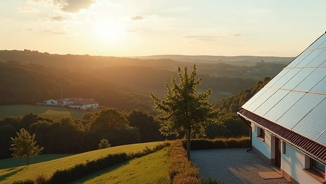 Maison équipée d’énergies renouvelables au coucher du soleil